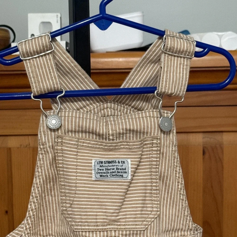 Levi Overalls Hickory Stripe 3T Tan White Excellent Toddler Bibs